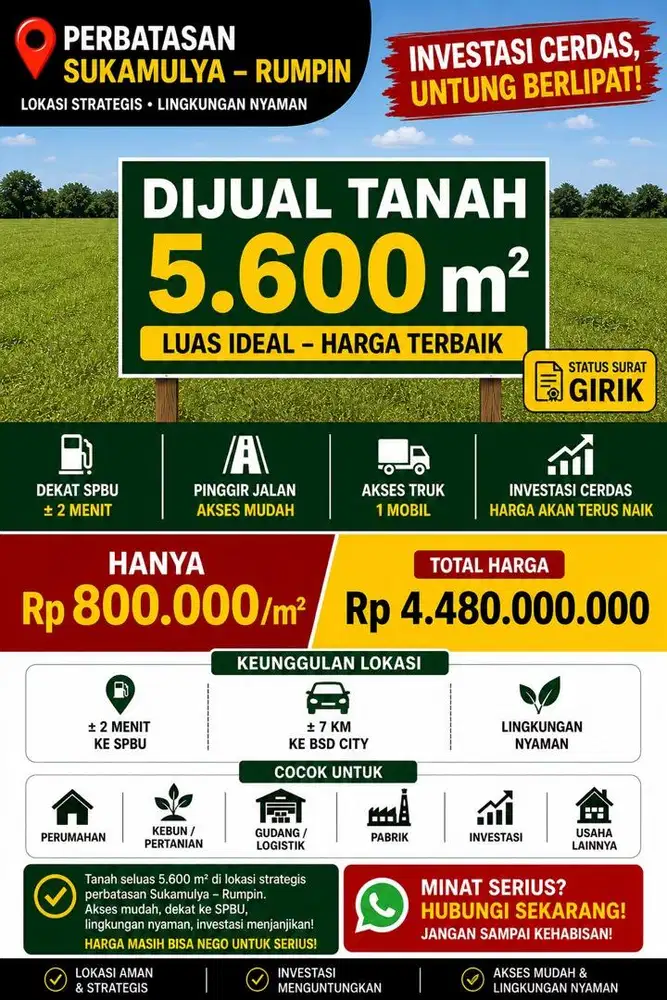 DIJUAL CEPAT TANAH STRATEGIS SUKAMULYA/RUMPIN
