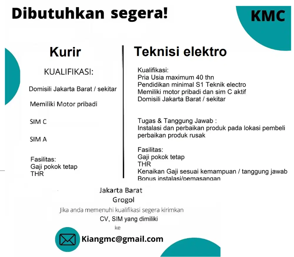 Dibutuhkan Kurir dan teknisi elektro