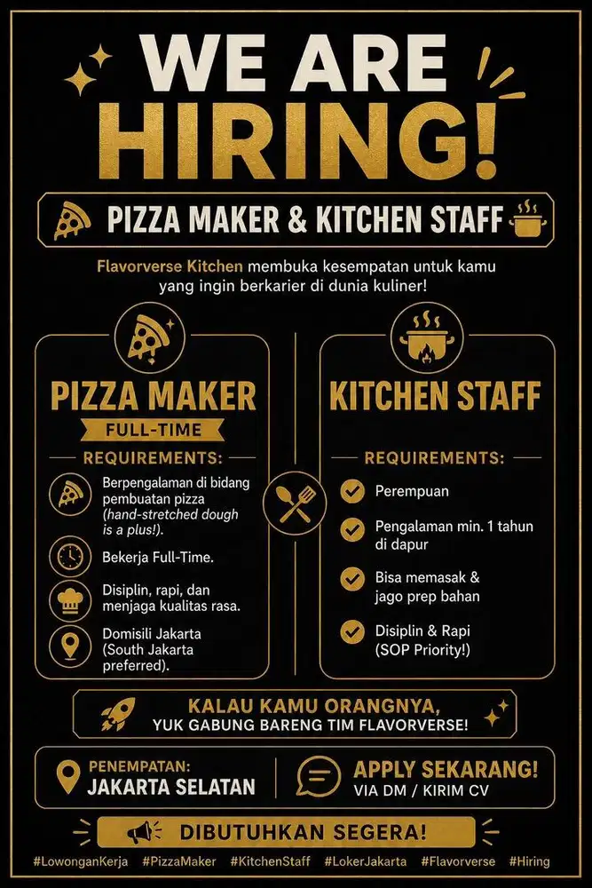 WE ARE HIRING: PIZZA MAKER and KITCHEN STAFF