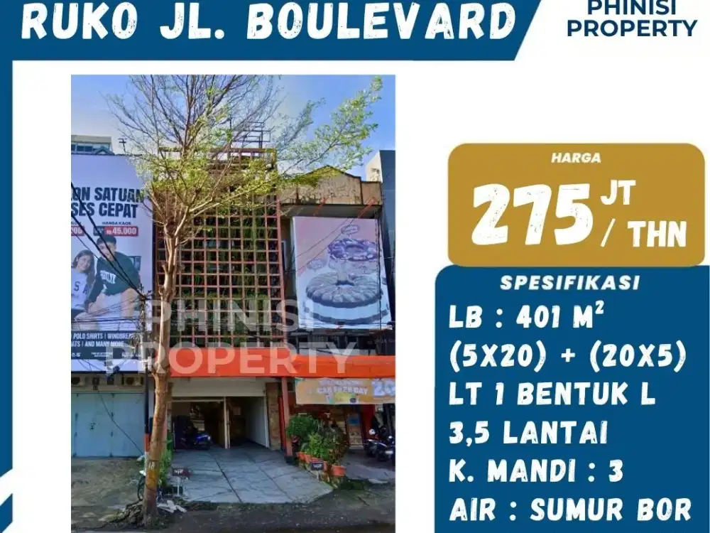 Disewakan Ruko Strategis di Jl. Boulevard – Cocok untuk Usaha!