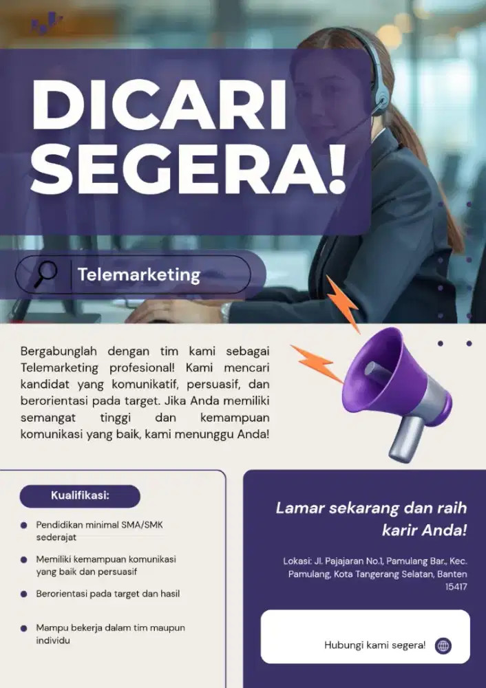 Dicari segera sebagai telemarketing