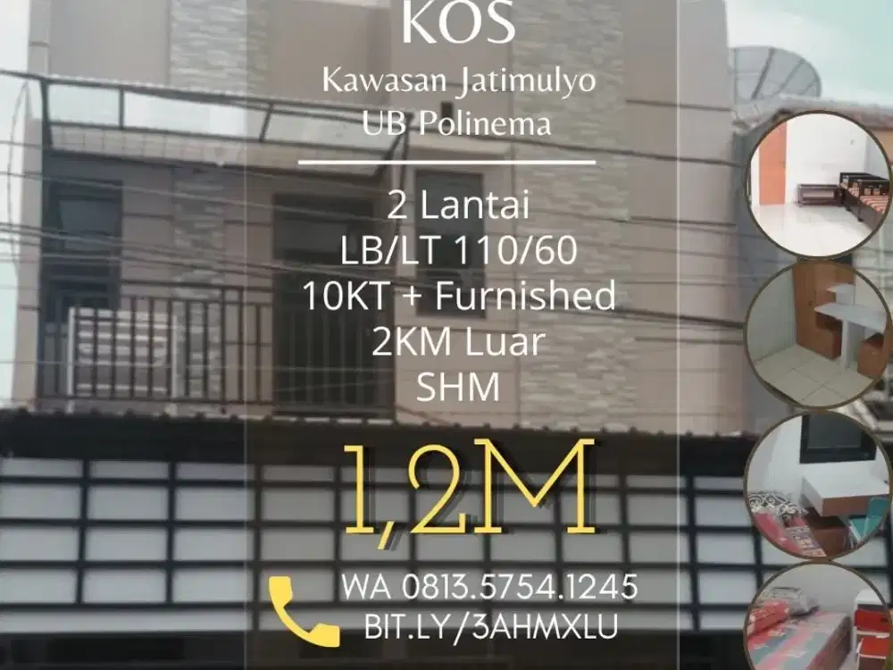 Kost dijual kawasan UB Poltek 10Kamar furnished hanya 1,2M