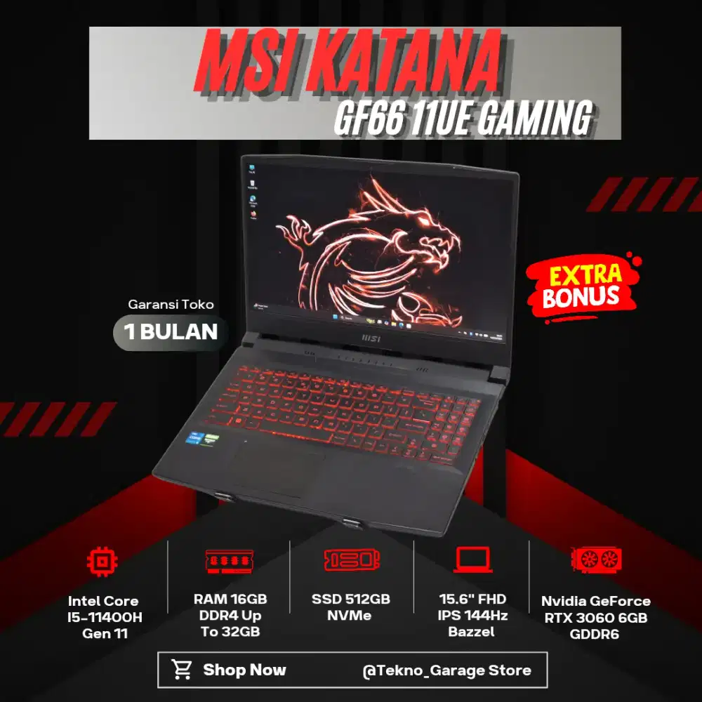 MSI KATANA GF66 11UE CORE I5-11400H RAM 16GB SSD 512GB NVIDIA RTX 3060