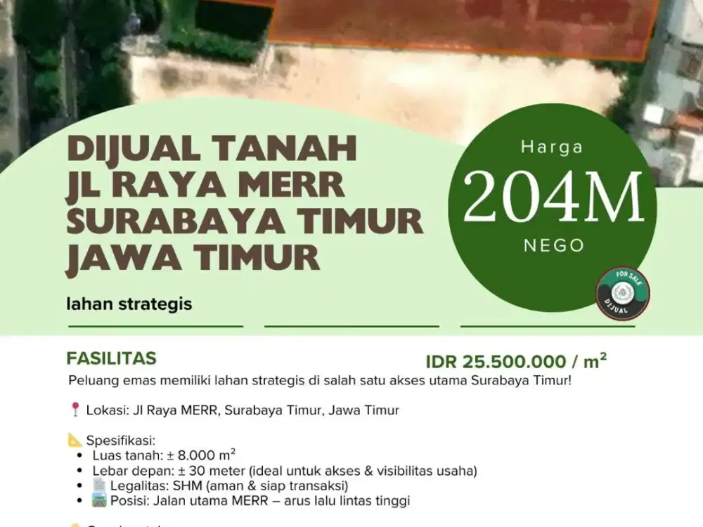 DIJUAL TANAH 8000 METER RAYA MERR SURABAYA TIMUR