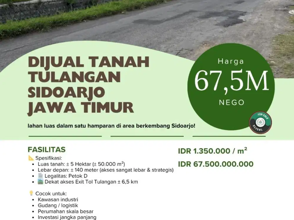 Dijual Tanah 5 Ha Tulangan Sidoarjo Jawa Timur