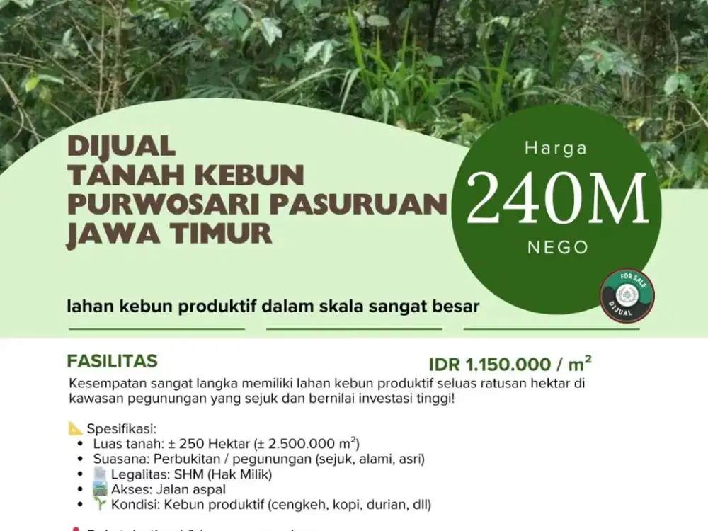 Dijual  Tanah Kebun  250 Ha Purwosari Pasuruan Jawa Timur