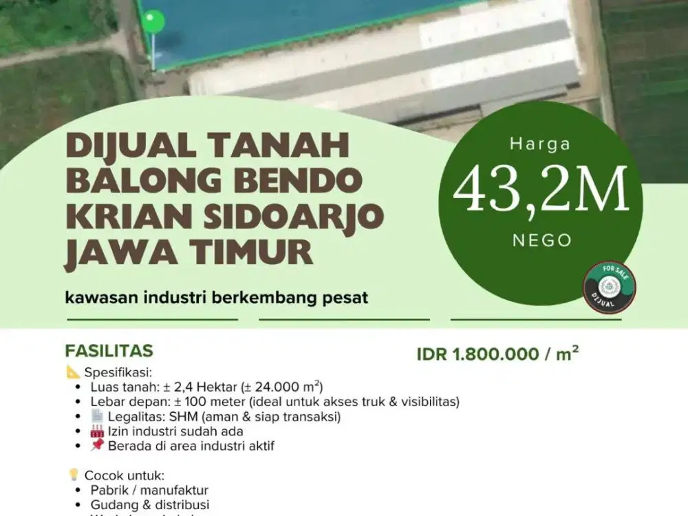 Dijual Tanah 2,4 Ha Balong bendo Krian Sidoarjo Jawa Timur Kawasan Industri Berkembang Pesat