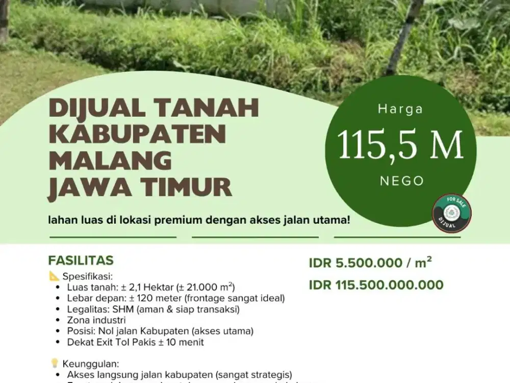 Dijual Tanah 2,1 Ha Kabupaten Malang Jawa Timur