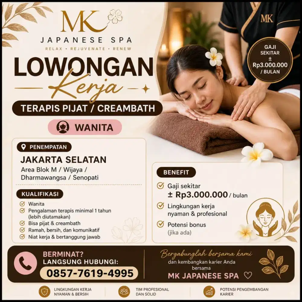 Terapis & kasir salon head spa di Blok M