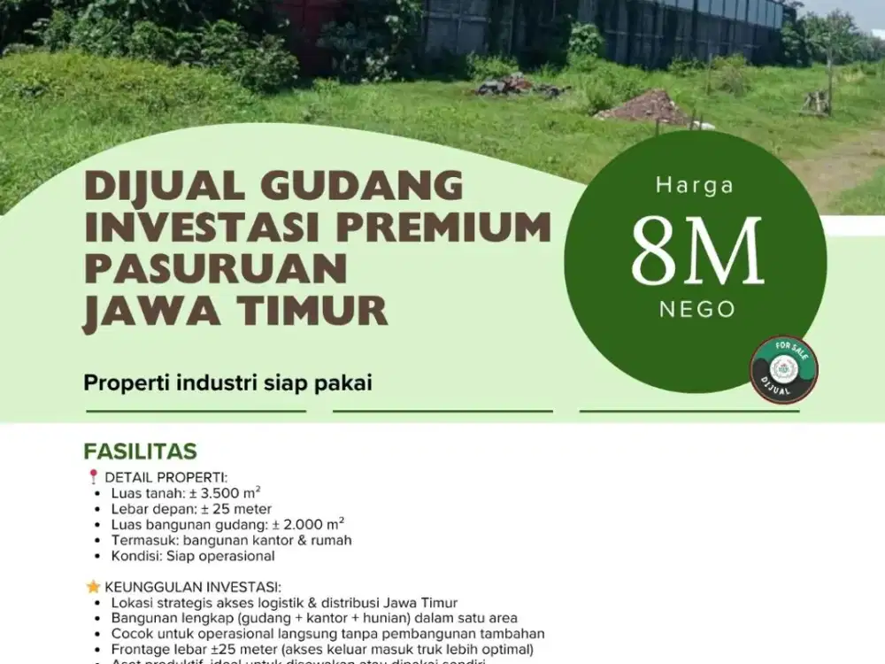 DIJUAL GUDANG INVESTASI PREMIUM PASURUAN JAWA TIMUR