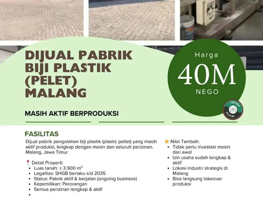DIJUAL PABRIK BIJI PLASTIK (PELET) MALANG- MASIH AKTIFBERPRODUKSI