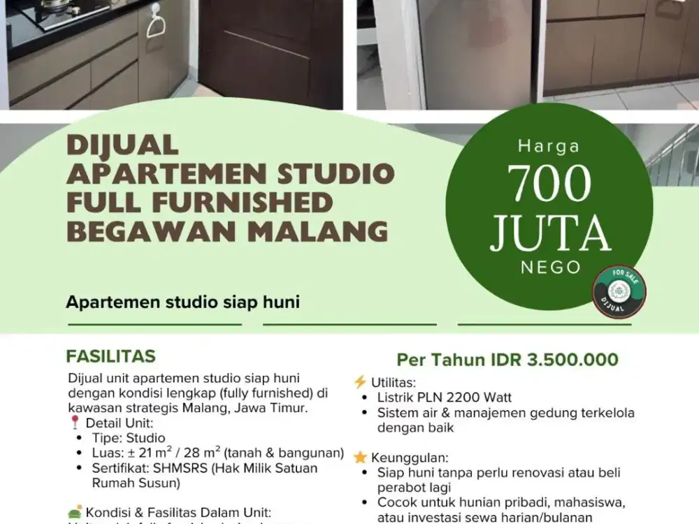 DIJUAL APARTEMEN BEGAWAN MALANG DEKAT DENGAN UNIVERSITAS MUHAMADIYAH MALANG
