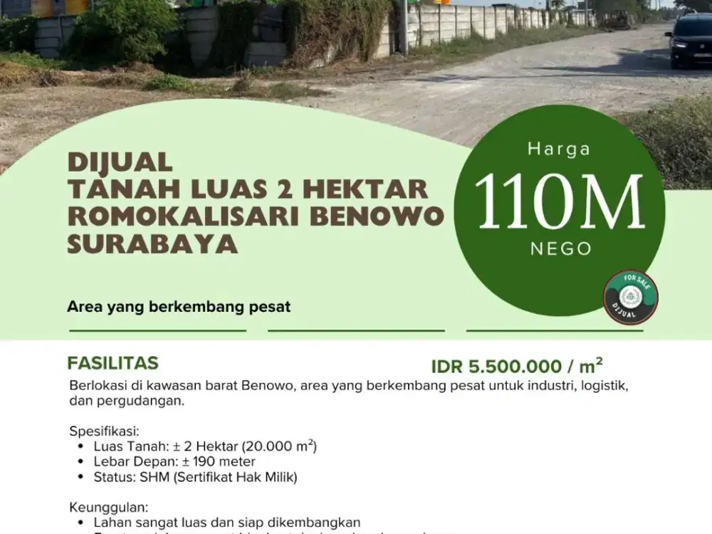 DIJUAL  TANAH LUAS 2 HEKTAR ROMOKALISARI BENOWO SURABAYA