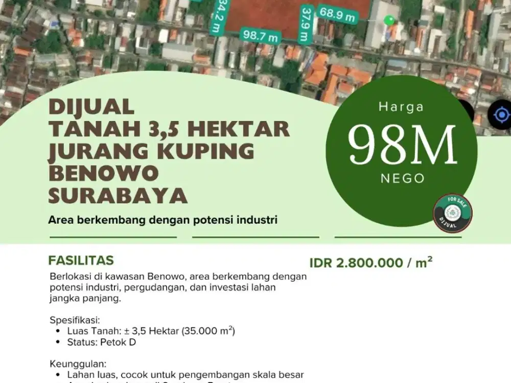 DIJUAL  TANAH 3,5 HEKTAR JURANG KUPING  BENOWO SURABAYA