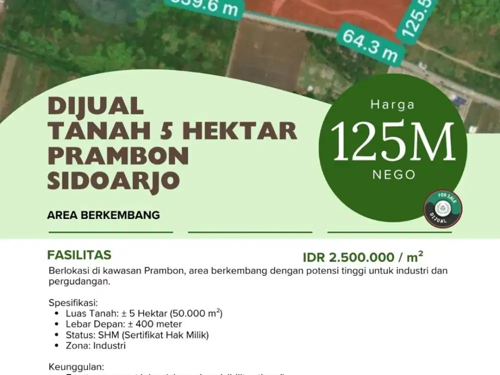 DIJUAL  TANAH 5 HEKTAR PRAMBON SIDOARJO