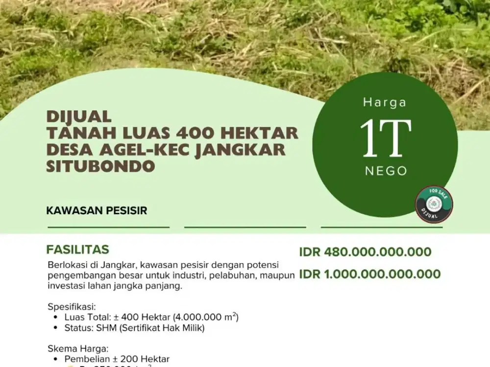 DIJUAL  TANAH LUAS 400 HEKTAR  DESA AGEL-KEC JANGKAR SITUBONDO