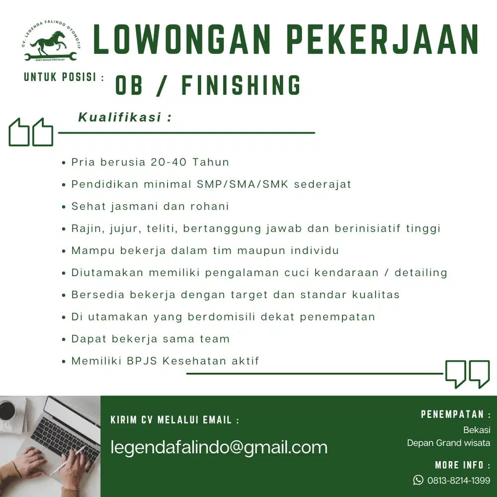 LOWONGAN PEKERJAAN  Posisi: OB / FINISHING (CLEANING KENDARAAN)