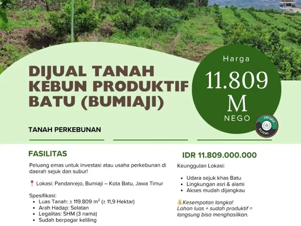 DIJUAL TANAH KEBUN 11,9 HEKTAR PRODUKTIF BATU (BUMIAJI)
