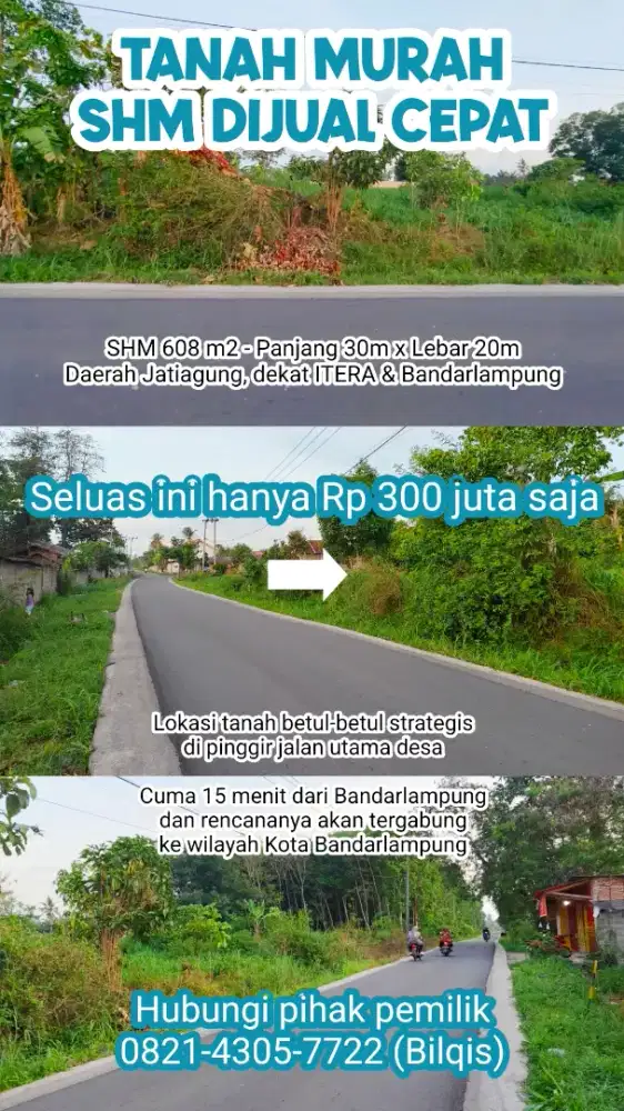 Tanah Murah SHM 608 m2 Dijual Cepat - Jati Agung dekat ITERA & BDL