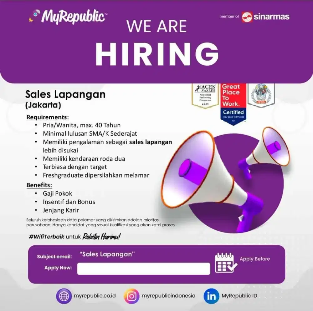 LOWONGAN KERJA SALES MY REPUBLIC (INTERNET TV CABLE)
