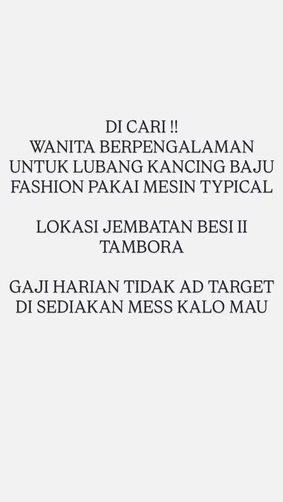 DI CARI WANITA UNTUK LUBANG KANCING MENGGUNAKAN MESIN TYPICAL