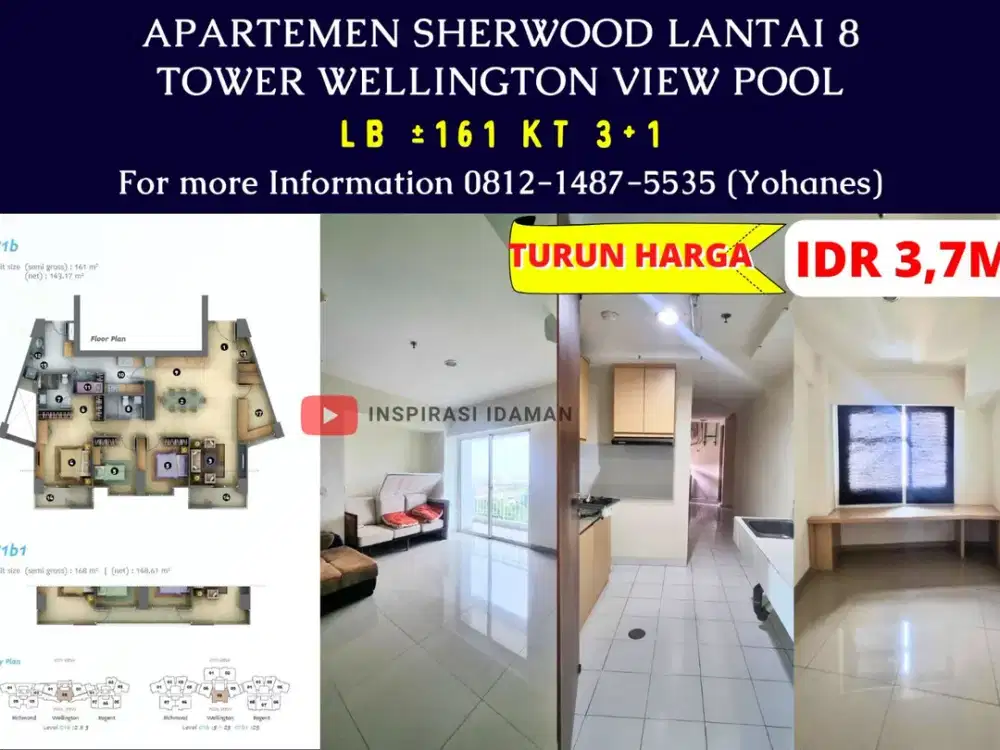 Apt Sherwood 161mtr 3+1KT lantai 8 Tower Wellington view Pool
