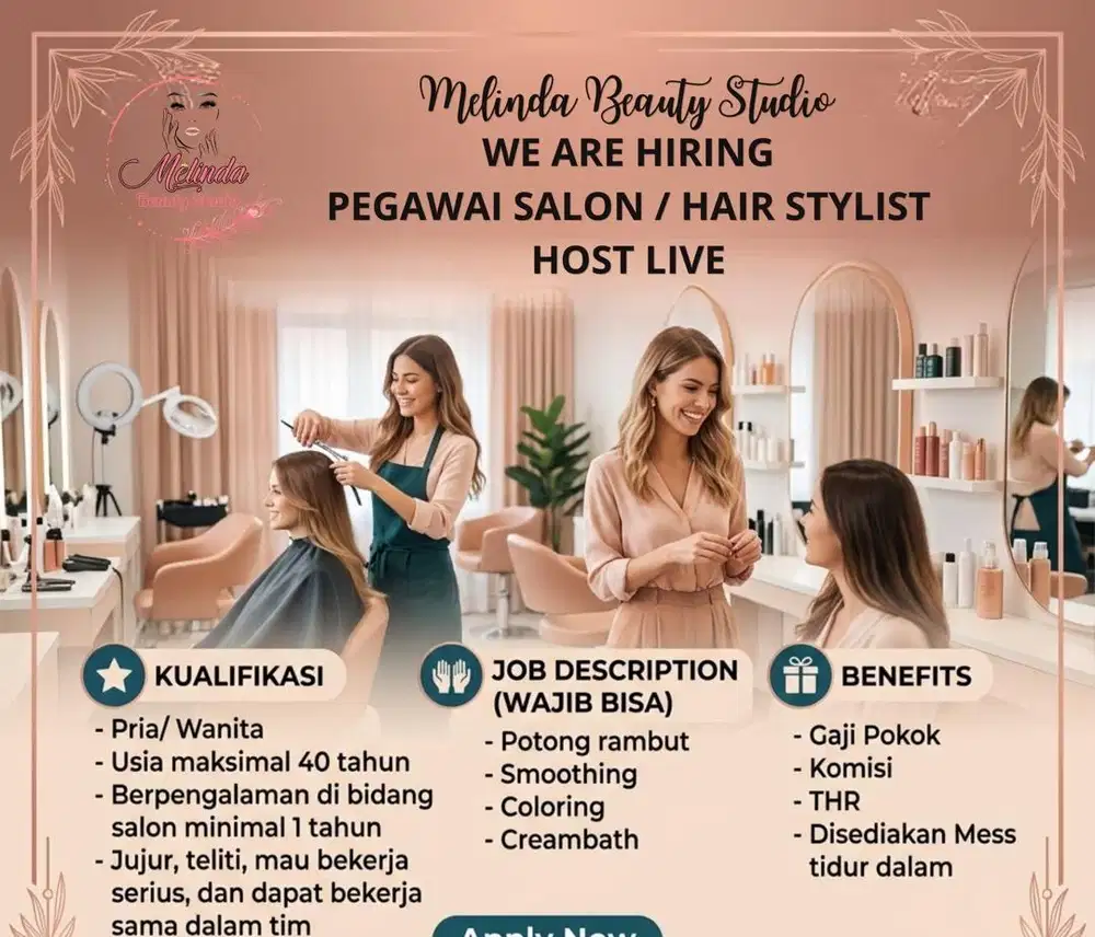Dicari hair stylist yang berpengalaman kerja di salon dan host live
