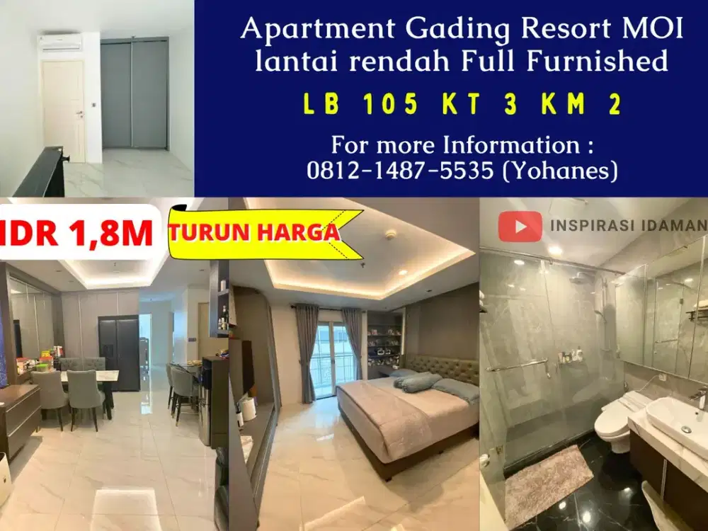 Apartemen Gading Resort MOI 3BR 105m² lantai rendah Full Furnished