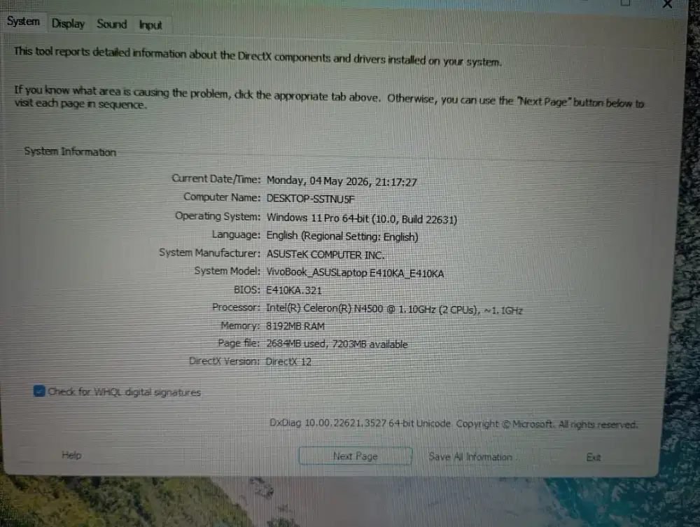 Laptop Asus e410k ram 8