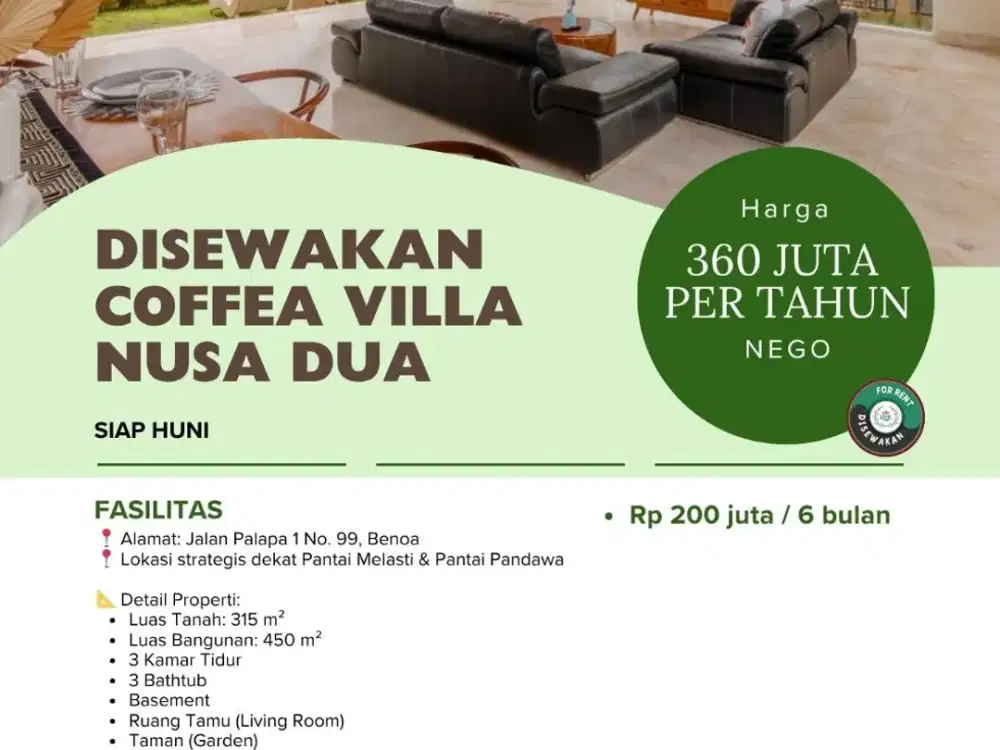 DISEWAKAN COFFEA VILLA  NUSA DUA
