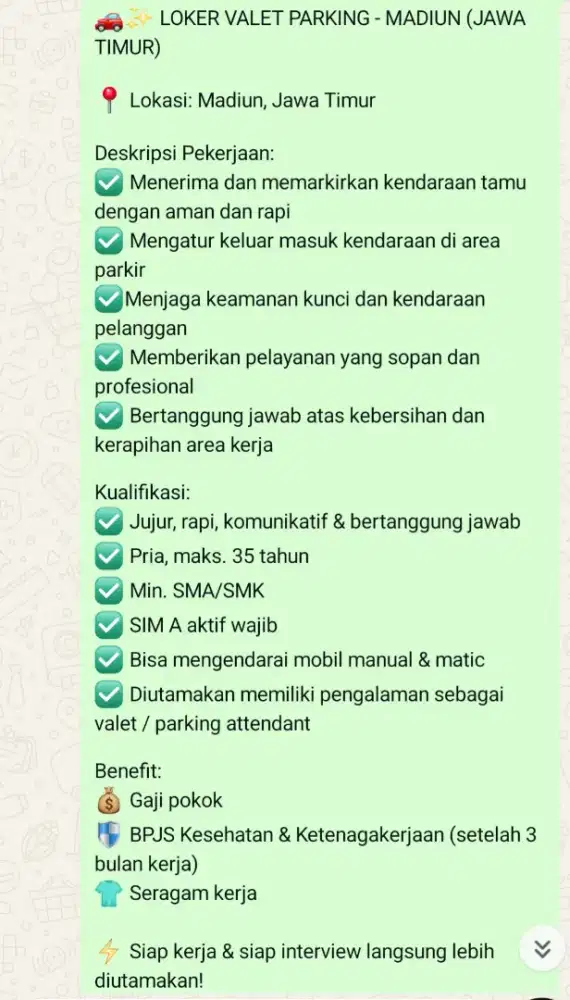 LOKER VALET PARKING - MADIUN (JAWA TIMUR)