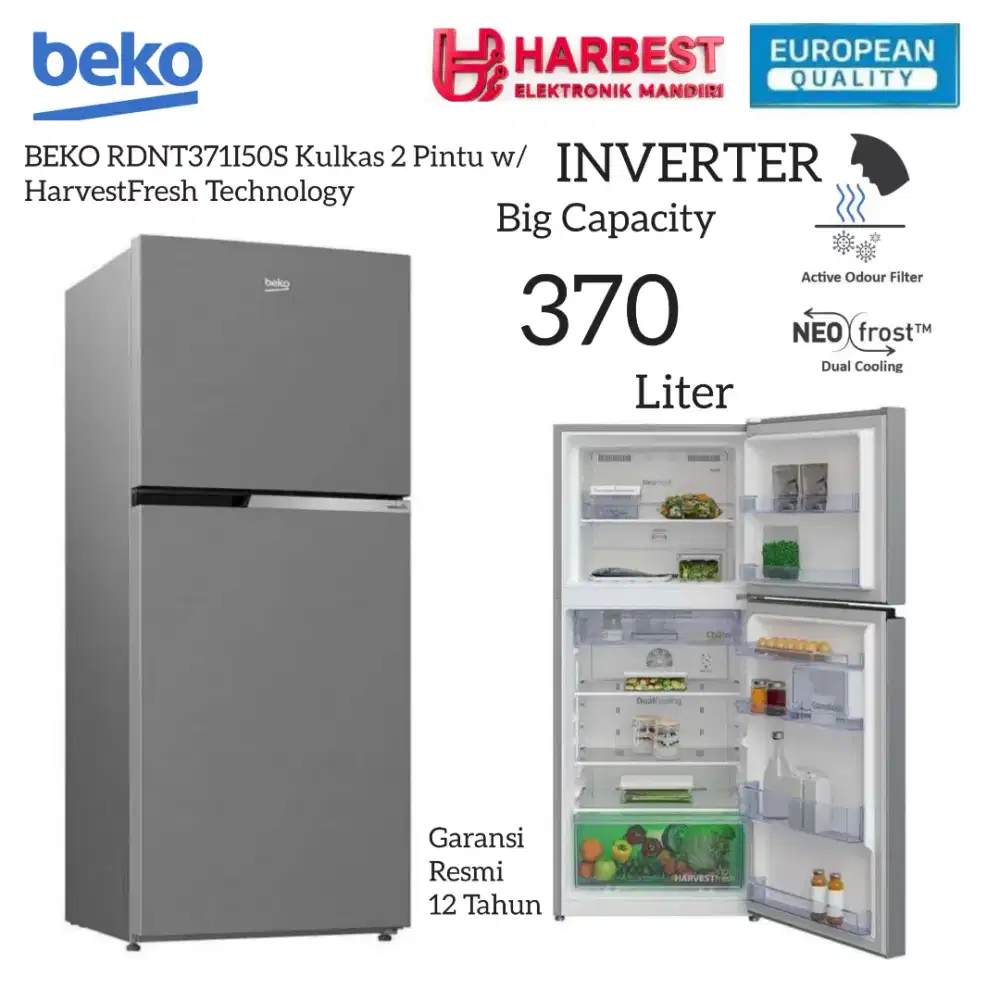 BEKO Kulkas 2 Pintu INVERTER Big Capacity 370 Liter SILVER METAL DOOR