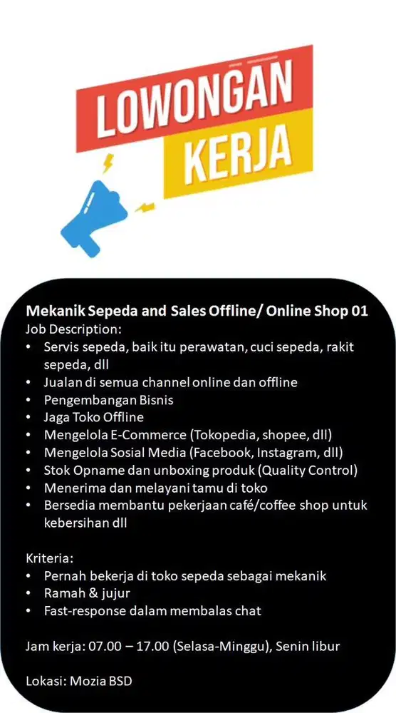 Dicari Mekanik Sepeda dan Sales Offline / Online
