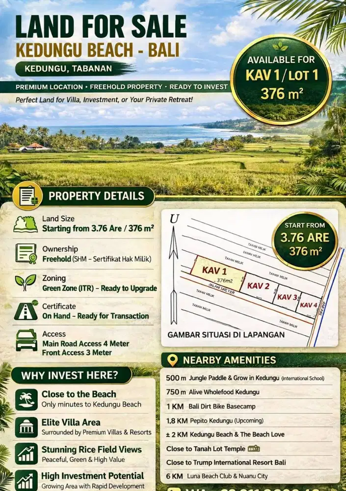 DIJUAL TANAH DI PANTAI KEDUNGU, DESA BELALANG, KEDIRI, TABANAN,BALI