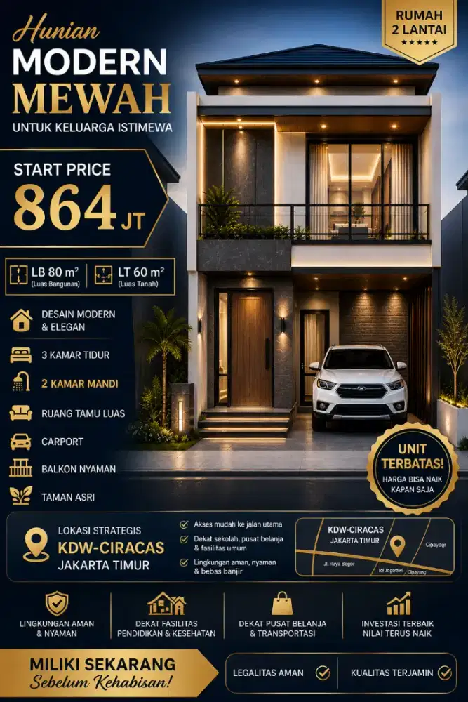 Dijual rumah 2 lantai lokasi ciracas Lt 60m² Lb 80m²