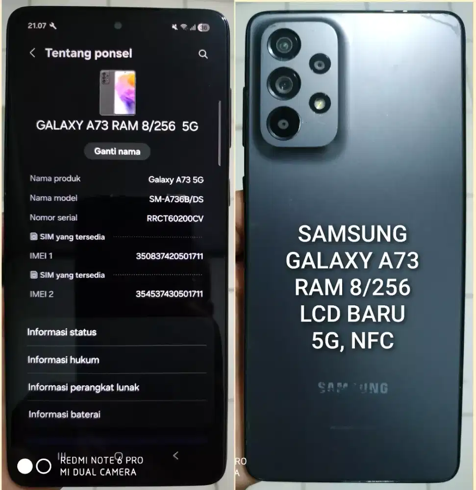 Samsung Galaxy A73 RAM 8/256 jaringan 5G,  NFC COD kranji