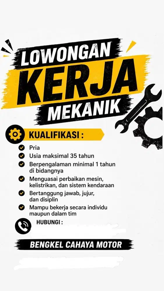 LOKER MEKANIK BENGKEL MOTOR