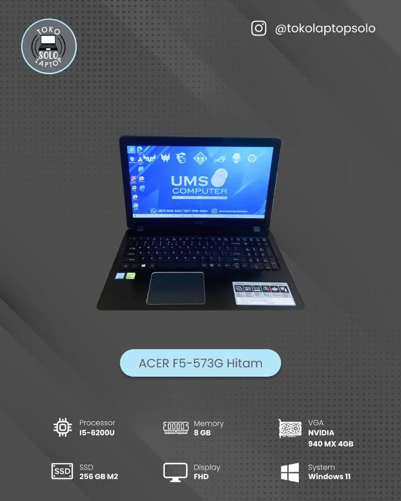 ACER F5-573G INTEL Core i5-6200U RAM 8GB SSD 256GB NVIDIA 940MX 4GB