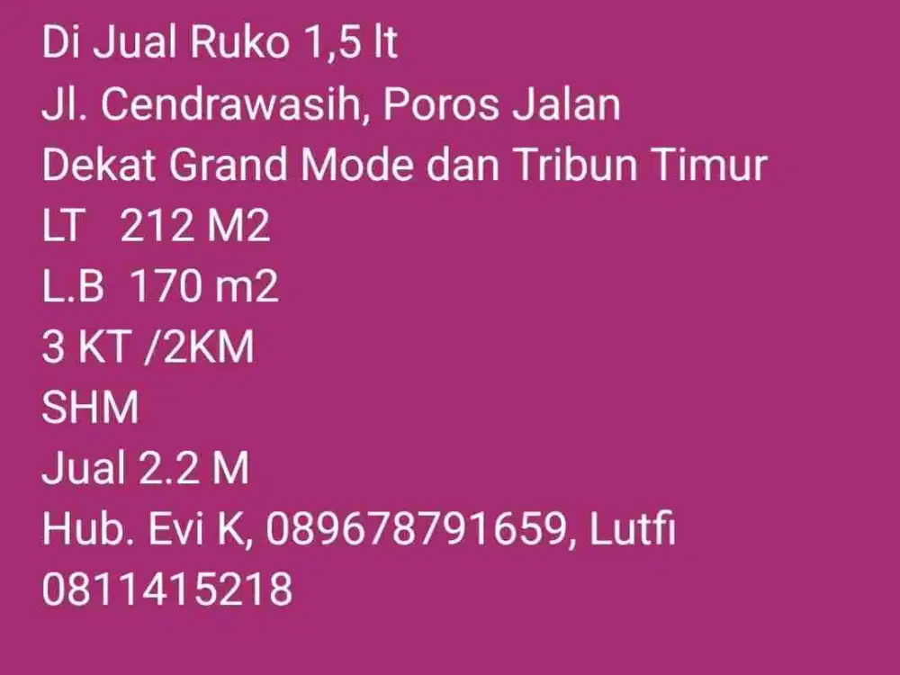 Di Jual Ruko 1,5 Lantai Poros jalan.