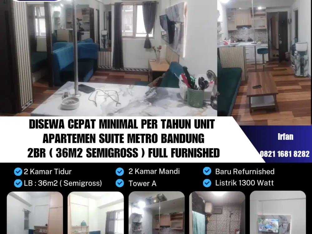 Disewakan Cepat Unit 
Apartemen Suite Metro Bandung Tahunan
2 Kamar Tidur ( 41m2 Semigross ), full furnished. Baru Re Furnished