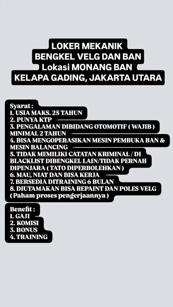 Dibutuhkan mekanik bengkel velg berpengalaman