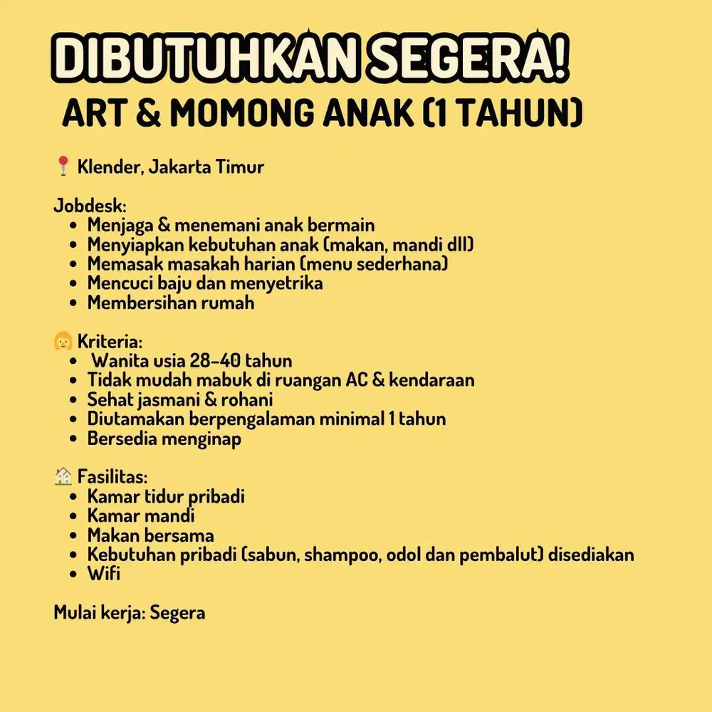 Butuh ART Serabutan – Langsung Kerja