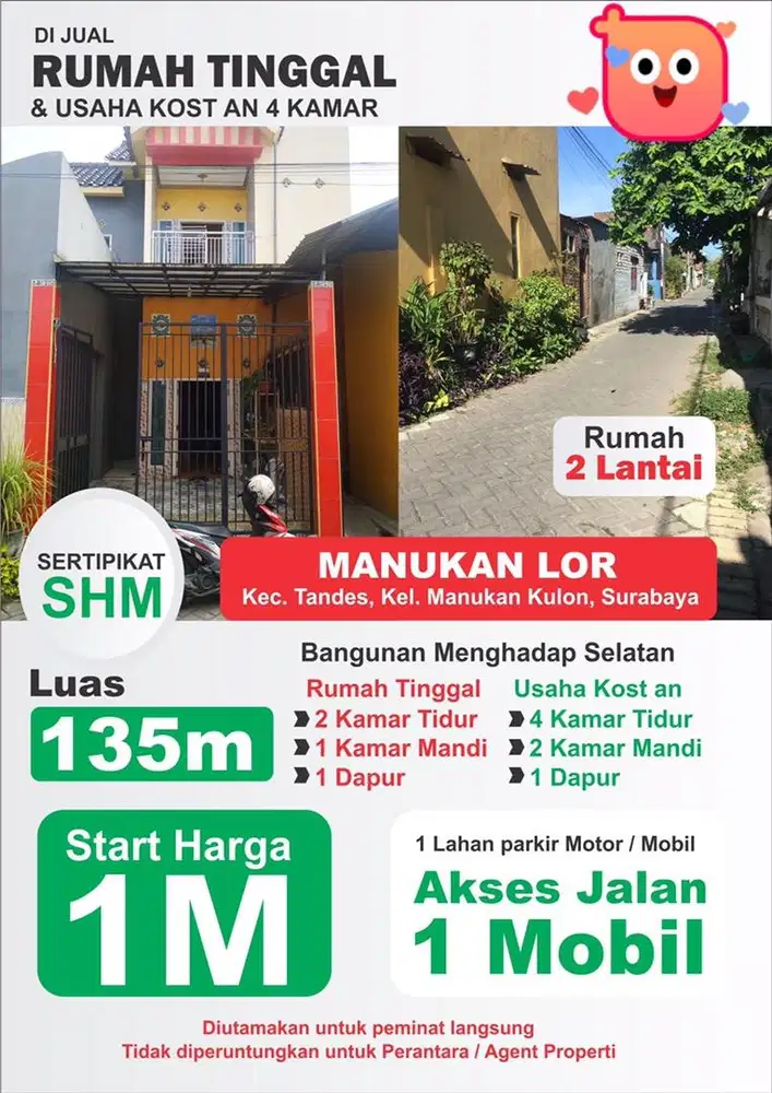 Dijual Rumah Tinggal dan Rumah Kost Akses Mobil