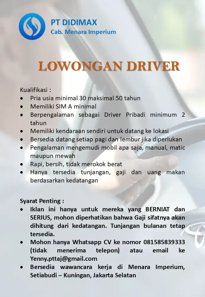 Dicari Driver Pribadi yang Serius Kerja dan Rajin