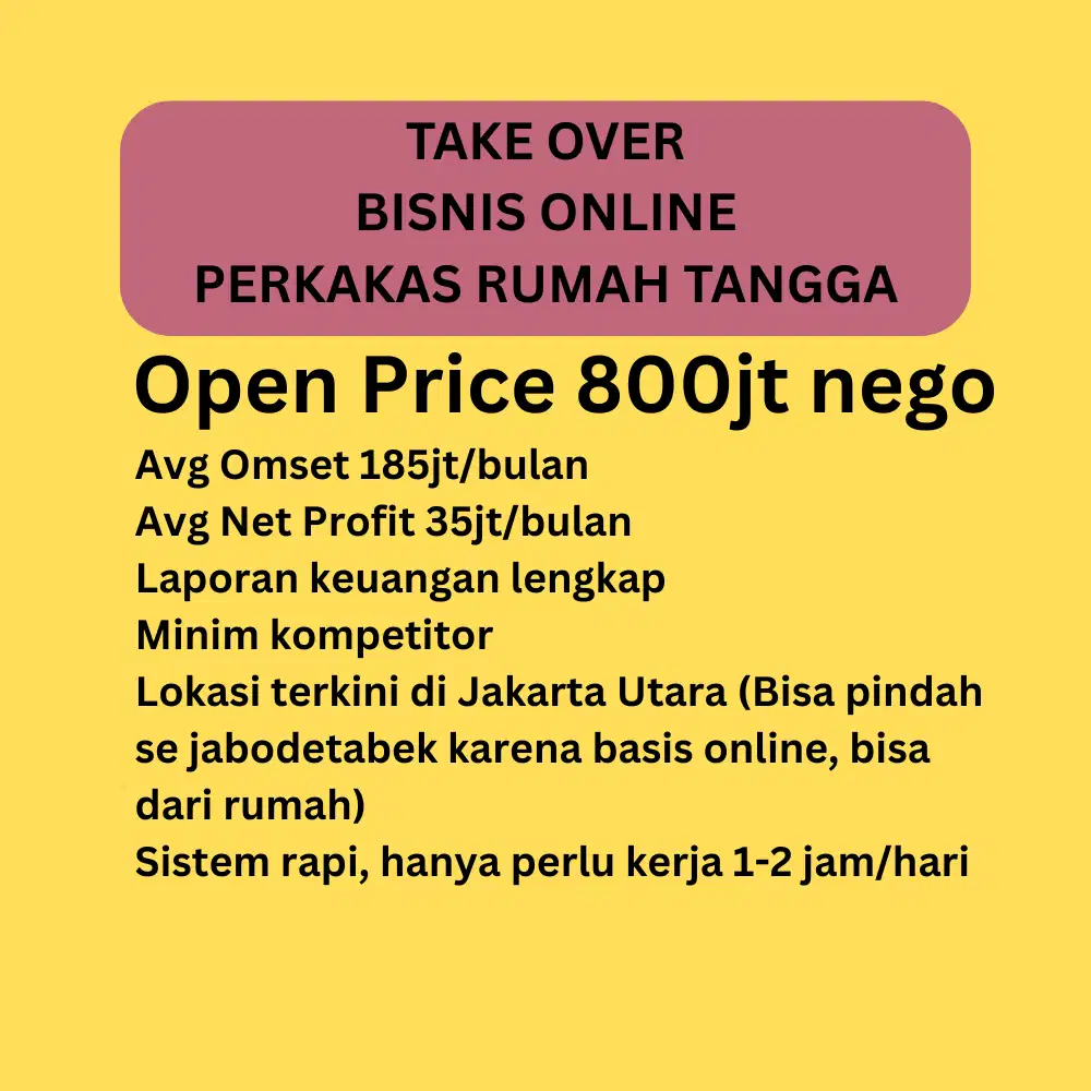 JUAL TAKE OVER BISNIS ONLINE PROFIT PERKAKAS RUMAH TANGGA SIAP JALAN
