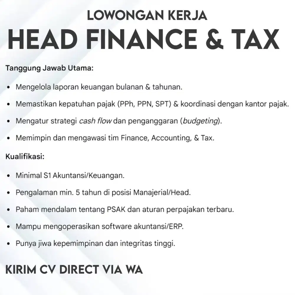LOWONGAN KERJA HEAD FINANCE & TAX