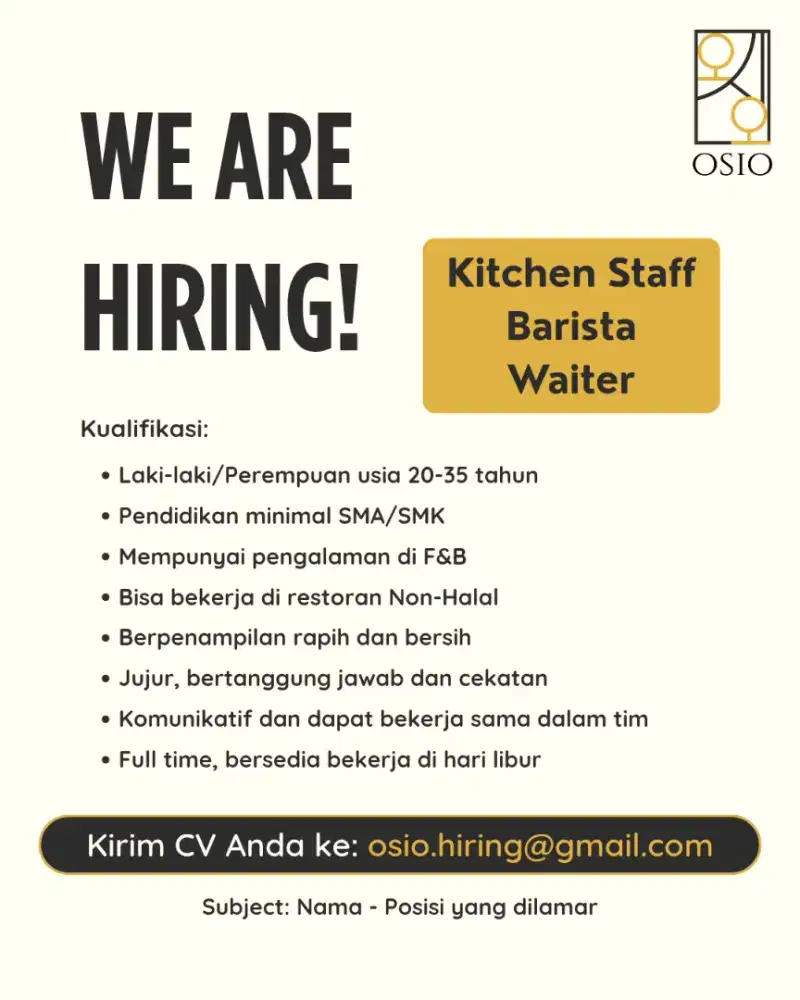 Kitchen staff Barista Waiter dibutuhkan segera