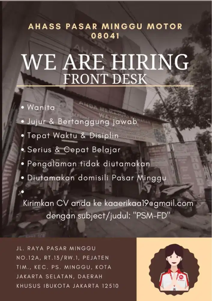 DIBUTUHKAN CEPAT FRONT DESK AHASS PASAR MINGGU MOTOR 08041 JAKSEL