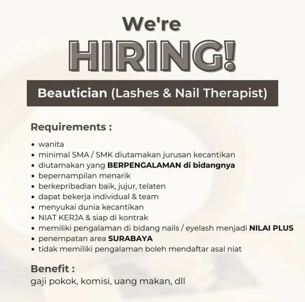 Dicari Beautician eyelash extension & nails