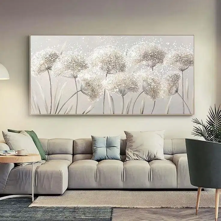 Lukisan abstrak tekstur minimalis modern bunga dandelion plus frame